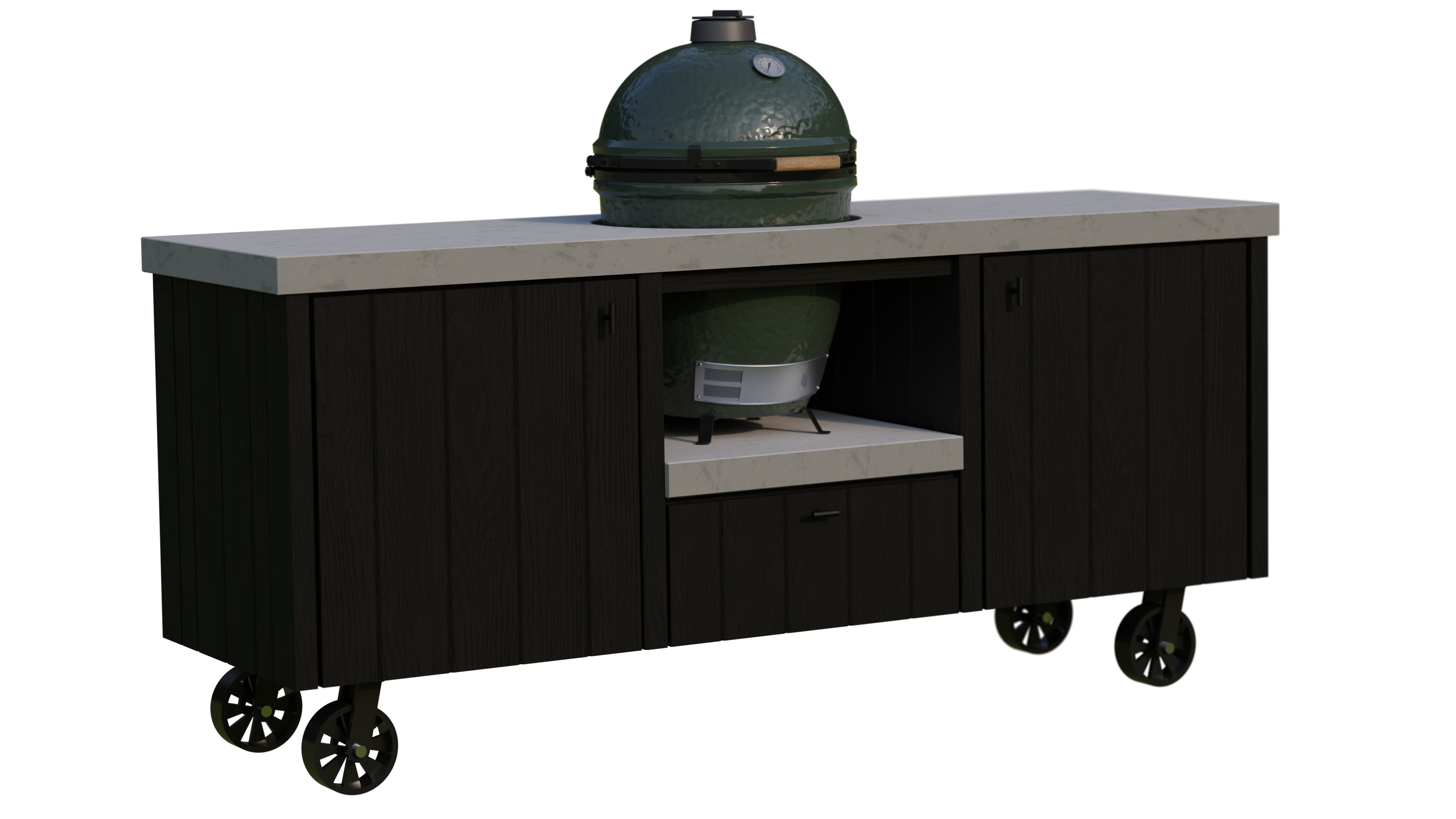 Rijdende buitenkeuken Rijdende buitenkeuken, Big Green Egg, beton aanrechtblad